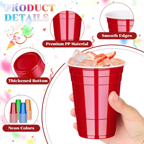Miniatura 3 de KesaPlan Paquete de 100 vasos de plástico neón de 16 onzas en verde, rojo, naranja y azul, desechables coloridos para fiestas, bebidas frías a Verde