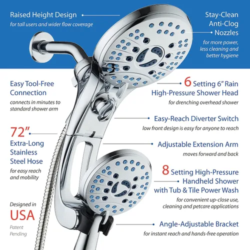 Miniatura 7 de Hotel Spa AquaCare for California As-Seen-On-TV High Pressure Handheld Rain 50-mode 3-way Shower Head Combo with Adjustable Arm, Anti-clog Jets, Tub