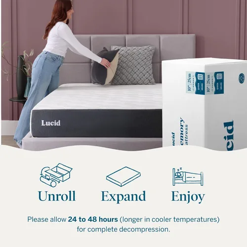 Miniatura 9 de Lucid - Colchón de espuma viscoelástica de 10 pulgadas - Sensación media - Infundido con refrescante carbón de bambú y gel refrescante - Cama en una