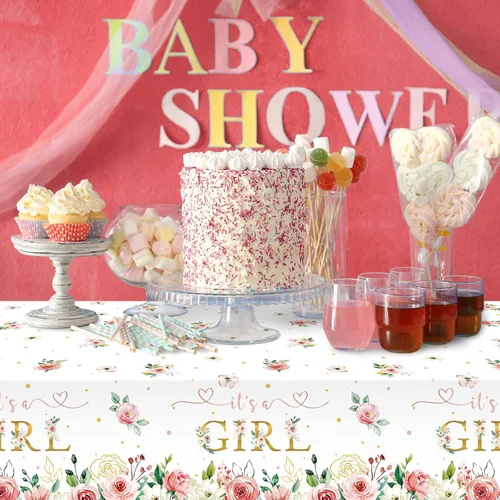 Miniatura 6 de Pajean Paquete de 3 manteles florales para baby shower, decoración con texto en inglés "It's a Girl", manteles de fiesta de baby shower, manteles