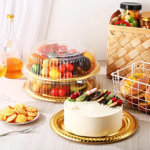 Miniatura 3 de Nitial 12 Piezas Bandejas de Servicio Resistentes con Tapa Transparente, Bandejas Redondas Elegantes Doradas para Catering Desechables Platos