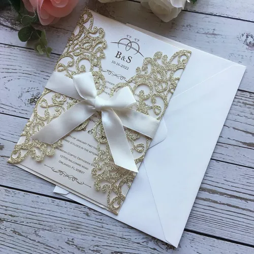 Miniatura 4 de Kit de invitaciones de boda de 5.12 x 7.28 pulgadas, 20 unidades de champán en blanco, con purpurina, cortadas con láser, tarjetas de invitación
