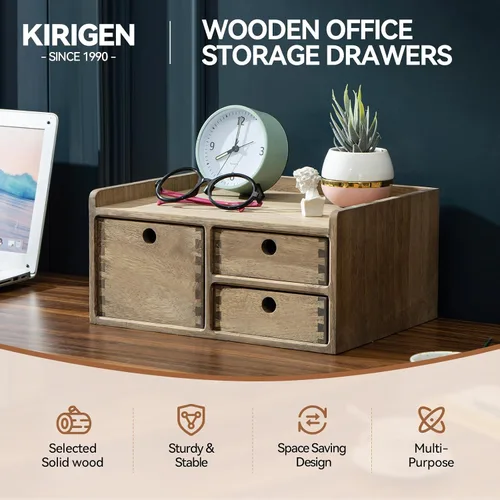 Miniatura 7 de KIRIGEN Organizador de escritorio con 3 cajones - Caja de almacenamiento con cajones de madera y bandejas para mesa - Organizador de herramientas