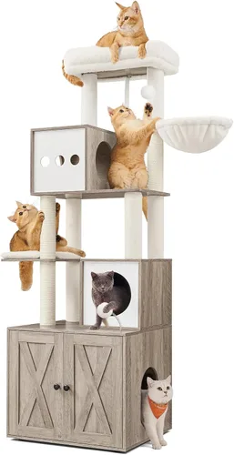 Feandrea Árbol para gatos con recinto para caja de arena, torre para gatos moderna 2 en 1, condominio para gatos de 70.8 pulgadas de alto con postes