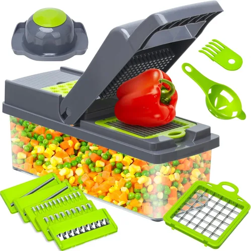 Picador de verduras multifunción, cortador de verduras de 8 cuchillas, cortador de cebolla con contenedor, cortador de rallador de huevos con botón