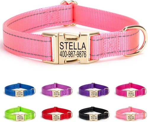 Miniatura 16 de Collar de perro personalizado con etiqueta de nombre, collar de nailon reflectante para mascotas, collares de perro con hebilla grabada Rosa