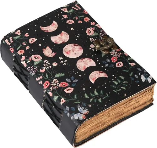 Libro de Hechizos en Blanco de las Sombras Diario con Cierre de Cerradura Celestial Diario de Cuero Vintage Hecho a Mano con Impresión de Fases