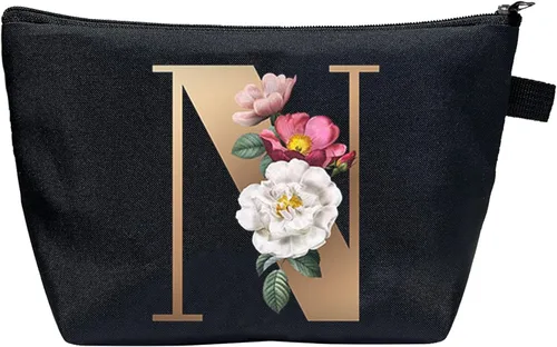 Miniatura 9 de CTNUOBEE Bolsa de comestic con letras del alfabeto dorado con bolsa de maquillaje de flores, bolsa de viaje portátil con cremallera, bolsa de aseo