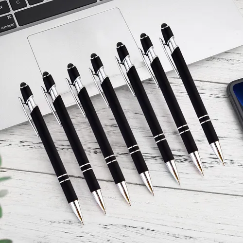 Miniatura 2 de PASISIBICK Bolígrafo negro de 12 piezas con punta de lápiz capacitivo, 2 en 1, elegante bolígrafo de metal para pantalla táctil, tinta negra, punta