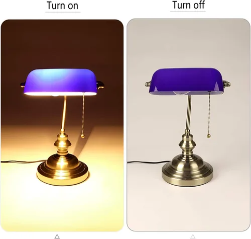 Miniatura 3 de Vintage Green Banker's Desk Lamp Antique Traditional Table with Switch Glass Adjustable Lampshade Bronze Finish E27 Blue