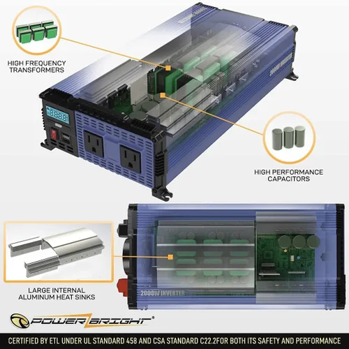 Miniatura 3 de PowerBright Inversor de corriente de 2000 vatios y 12 V, salidas USB y CA, fácil de instalar, alimentación portátil automotriz para herramientas