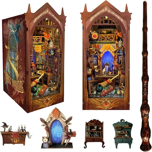 Miniatura 8 de Kit de manualidades para rincón de lectura DIY - Kit de casa en miniatura estilo navideño para estanterías, rompecabezas de madera 3D con cubierta