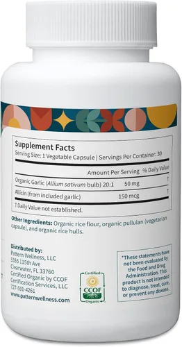 Miniatura 3 de Pattern Wellness Extracto de ajo orgánico inodoro 20:1 con alicina - Apoya la salud circulatoria e inmune - Sin OMG, sin gluten, vegano - 30 cápsulas