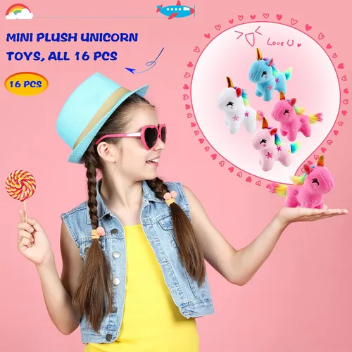 Miniatura 3 de Paquete de 16 mini juguetes de unicornio de peluche, pequeño unicornio de peluche, lindo llavero de peluche, juguetes a granel para Navidad