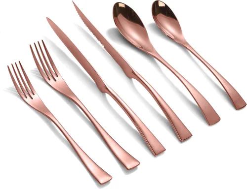 Miniatura 9 de Lemeya Juego de cubiertos negros de 24 piezas con cuchillos para carne, juego de cubiertos de acero inoxidable 18/10 forjado para 4, juego