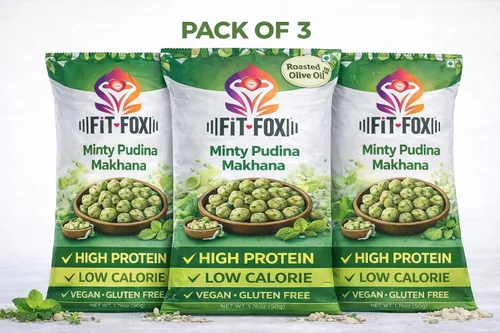Miniatura 4 de FIT FOX Minty Pudina Makhana, paquete de 3 (1.76 onzas cada uno) Nueces de zorro asadas (semillas de loto) Sabor refrescante a menta Tostado