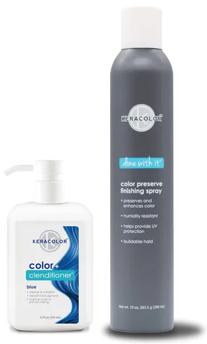 KERACOLOR Kit de 3 en 1 (Limpieza + Acondicionador + Color) Tinte semipermanente azul para el cabello y acabado en aerosol para el cabello, 10 onzas