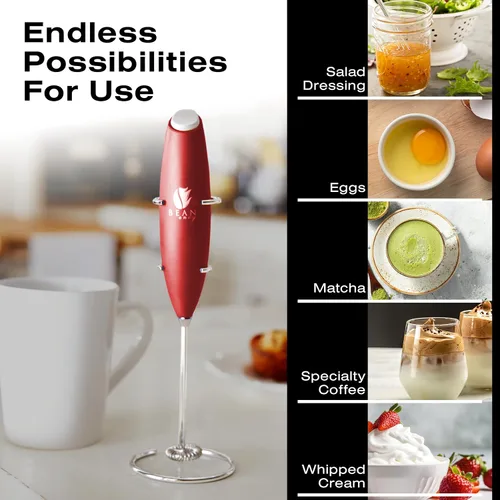Miniatura 3 de Bean Envy Espumador de leche para café, de mano, mini mezclador eléctrico de bebidas, espumador y espumador con soporte para café, lattes, Rojo
