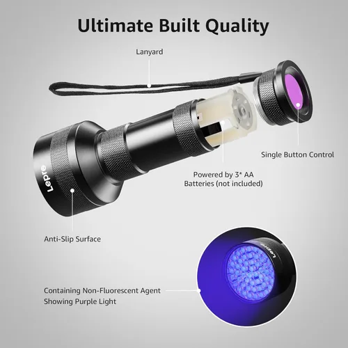 Miniatura 7 de Lepro - Linterna UV de 51 LEDs, luz negra manual, linterna UV con luz negra, detector de 395nm para orina de mascotas, manchas, chinches de cama