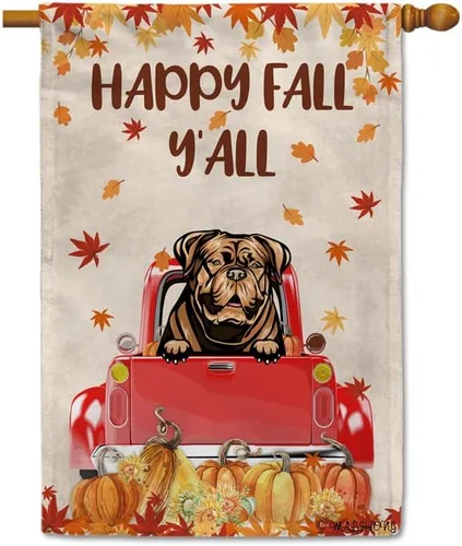 Miniatura 34 de Bandera con texto en inglés «Happy Fall Y'all» con diseño de perro inteligente con calabaza en camión rojo y hojas de arce, pancarta de otoño