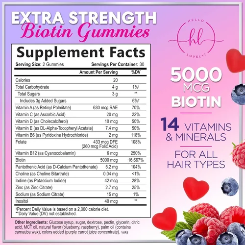 Miniatura 2 de Gomitas de vitaminas para el cabello con biotina, 5000 mcg por porción, apoyo al crecimiento del cabello con vitaminas E y C para un cabello más