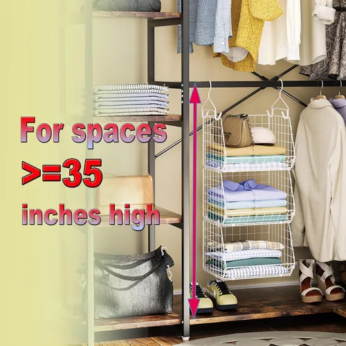 Miniatura 4 de X-cosrack Organizador de armario plegable de 3 niveles, estantes de ropa con 5 ganchos en S, para montaje en pared y armario de alambre para Blanco