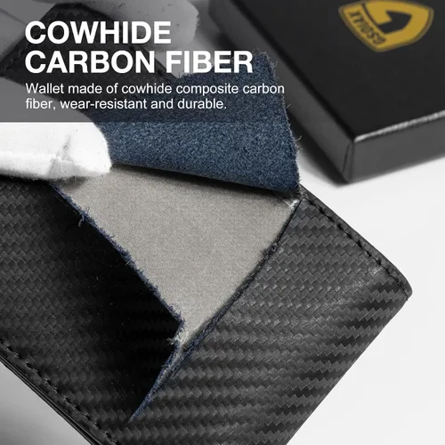 Miniatura 6 de GSOIAX Billetera delgada para hombre minimalista de cuero genuino fibra de carbono con bloqueo RFID de cuero vacuno plegable con caja de regalo