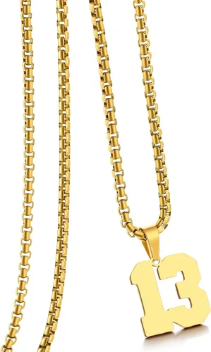 Miniatura 128 de Collar de Número Dorado para Hombre, Cadena de Acero Inoxidable con Colgante de Número para Atletas, Joyería Deportiva Personalizada para Niños