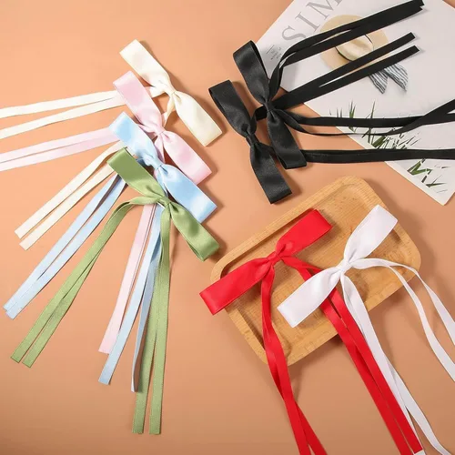 Miniatura 5 de Juego de lazos para el pelo de cinta para mujeres y niñas, 10 pinzas para el cabello con borlas de lazo, pasadores en negro, blanco, rojo vino
