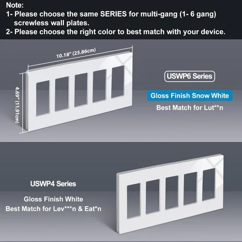 Miniatura 3 de BESTTEN Placa de pared sin tornillos de 5 segmentos, cubierta de enchufe decorador, placa decorativa para interruptor, serie blanca nieve brillante