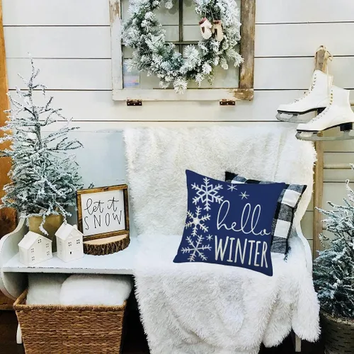 Miniatura 4 de Hello Winter - Funda de almohada de 16 x 16 pulgadas, diseño de copo de nieve azul y blanco, decoración de Navidad, decoración de casa de campo