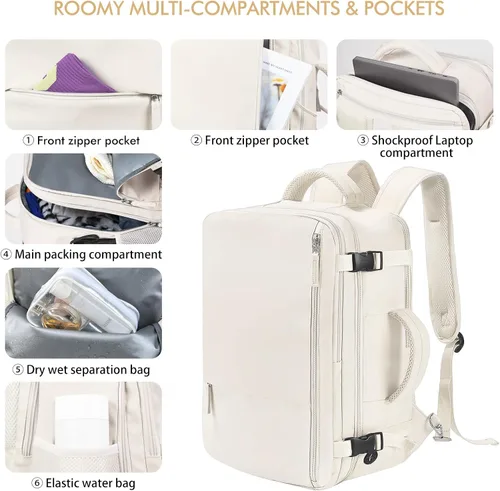 Miniatura 6 de Mochila de viaje Beraliy aprobada por aerolíneas para hombres y mujeres, Beige, Grande, Mochilas de viaje Negro