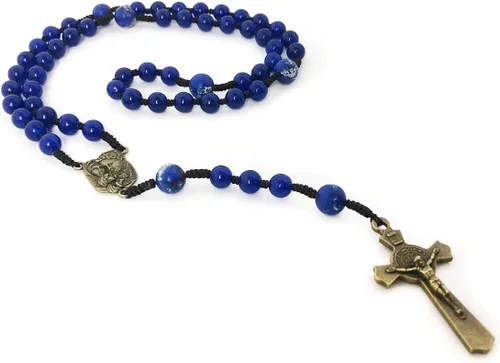 Miniatura 4 de Juego de pulseras de rosario y rosario de cordón de piedra arenisca y jade azul de santa familia - Pulsera de ojo de tigre para hombre - Rosario