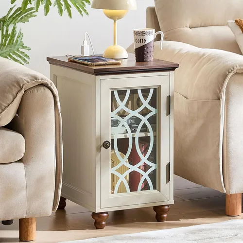 Miniatura 10 de Joaxswe Mesa auxiliar estrecha con puerta de cristal, mesita de noche de 18 x 14 pulgadas con estante ajustable, organizador de gabinete