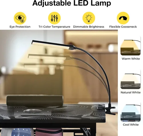 Miniatura 7 de Mesa de manicura plegable portátil con colector de polvo, escritorio de tecnología de uñas rodante con lámpara LED, reposamuñecas, ruedas