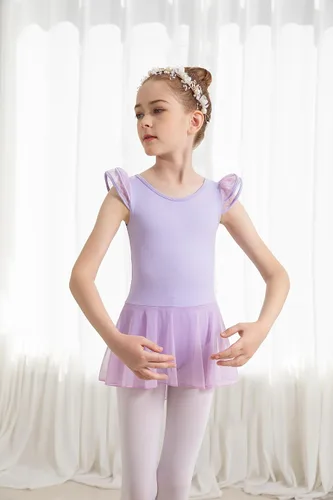 Miniatura 2 de Tegmk Leotardo de ballet con mangas con volantes para niñas con falda de malla, espalda hueca con caída de agua