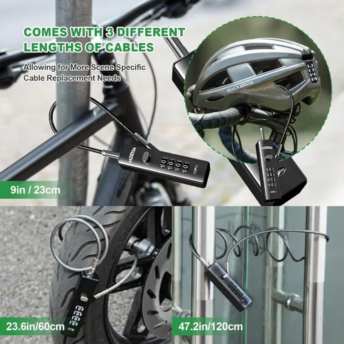 Miniatura 5 de Cerraduras de cable con combinación, cerradura de bicicleta, cerradura de maletas, viene con 3 longitudes diferentes de cables, bloqueo de Negro