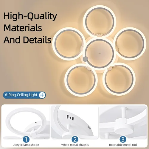 Miniatura 3 de Lámpara de techo LED, lámpara de techo moderna de 6 anillos, 77 W regulable 3000K a 6500K, luz de techo blanca con control remoto para sala