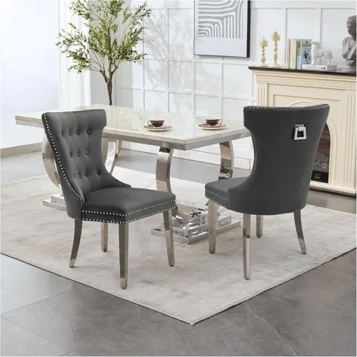 Miniatura 21 de adochr Juego de 2 sillas de comedor de terciopelo, sillas de cocina tapizadas con patas de metal, respaldo abotonado moderno con anillo de tracción