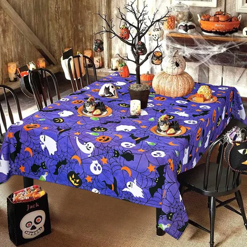 Miniatura 4 de Mantel de Halloween, tela de araña y calabaza, mantel impermeable de telaraña y fantasma, mantel impermeable a prueba de derrames para decoración