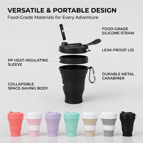 Miniatura 2 de Taza de Café de Silicona con Pajita y Tapa, Tazas Plegables para Viajar, 20oz, Taza de Agua Plegable Ligera para Picnic, Senderismo, Camping, Negro