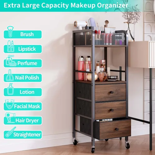 Miniatura 5 de HapiRm Organizador de Carrito de Maquillaje Rodante - Almacenamiento de Maquillaje y Cuidado de la Piel de Piso con 3 Cajones de Tela No Tejida