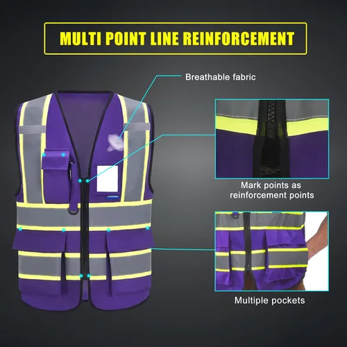 Miniatura 5 de AYKRM 11 color alta visibilidad reflectante chaleco de seguridad para mujeres hombres bolsillo cremallera ANSI/ISEA estándar Púrpura