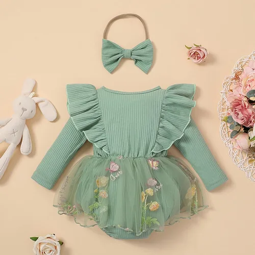 Miniatura 3 de MERSARIPHY Conjunto de mameluco de otoño para bebé niña con volantes, manga larga, a cuadros, overol con diadema
