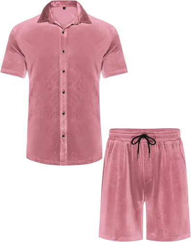 Miniatura 19 de LecGee Conjunto de pantalones cortos casuales de verano para hombre, camisa de terciopelo de manga corta con botones, pantalones cortos de cintura