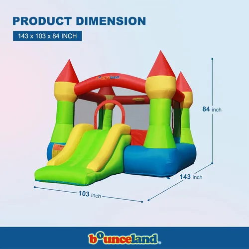 Miniatura 4 de Castillo de casa de rebote hinchable Bounceland con aro de baloncesto, resbaladilla divertida, entrada segura, soplador fuerte certificado UL