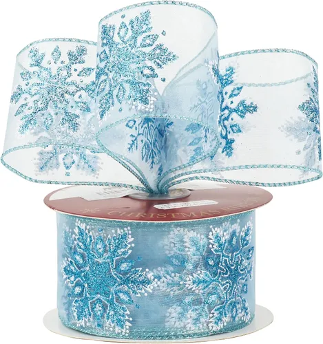 Miniatura 9 de HUIHUANG Cinta con alambre con purpurina de copo de nieve, cinta de copo de nieve azul y blanca para árbol de Navidad, 2-1/2 pulgadas x 25 yardas