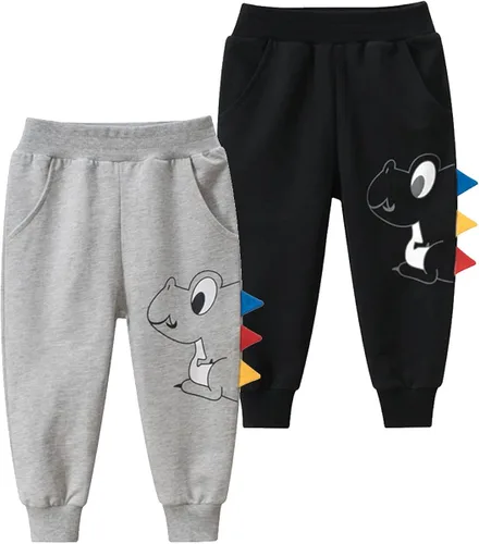 GFQLONG Paquete de 2 pantalones deportivos de dinosaurio de algodón para niños pequeños, pantalones deportivos de dibujos animados para niños