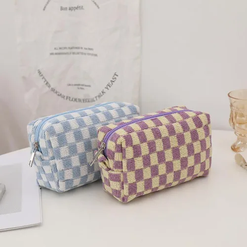 Miniatura 7 de Bolsa de maquillaje de tablero de ajedrez, bolsa de aseo de viaje, organizador de brochas de maquillaje, bolsa de almacenamiento a cuadros, estuche