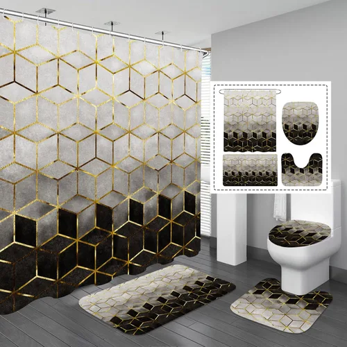 Gibelle Juego de 4 cortinas de ducha de baño con alfombras antideslizantes, cubierta para tapa de inodoro y tapete de baño, líneas cúbicas doradas